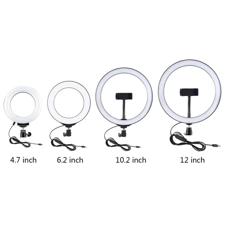 حامل مكتبي بقاعدة دائرية من PULUZ + حلقة LED قابلة للتعتيم USB بحجم 4.7 إنش 12 سم بثلاثة أوضاع لإضاءة الفيديو، ارتفاع قابل للتعديل: 15.5 سم - 25.5 سم، حامل مكتبي + 4.7 إنش