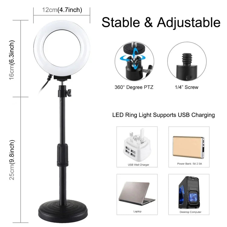 حامل مكتبي بقاعدة دائرية من PULUZ + حلقة LED قابلة للتعتيم USB بحجم 4.7 إنش 12 سم بثلاثة أوضاع لإضاءة الفيديو، ارتفاع قابل للتعديل: 15.5 سم - 25.5 سم، حامل مكتبي + 4.7 إنش