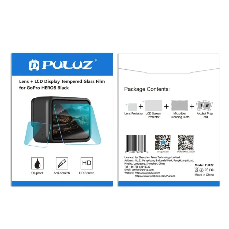 فيلم زجاجي مقسى 9H 2.5D لحماية عدسة وشاشة LCD لكاميرا GoPro HERO8 Black من PULUZ، لـ GoPro HERO8 Black