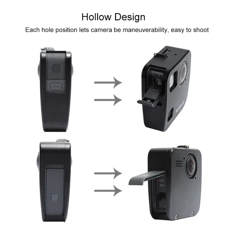 هيكل حماية من سبائك الألمنيوم CNC لقفص كاميرا GoPro Fusion من PULUZ مع قاعدة تثبيت أساسية وأغطية عدسات، لكاميرا GoPro Fusion