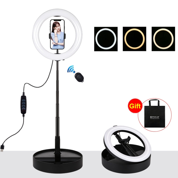 PULUZ ضوء فيديو تصوير سيلفي وفلوغ LED منحني بحجم 10.2 بوصة 26 سم مع 3 أوضاع USB، قابل لتعديل السطوع ودرجة حرارة اللون المزدوجة، مع جهاز تحكم عن بعد بلوتوث وحامل مكتبي قابل للطي ومشبك هاتف