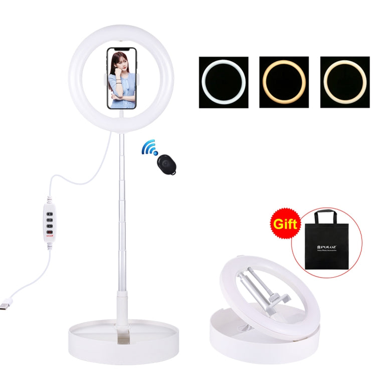 PULUZ ضوء فيديو تصوير سيلفي وفلوغ LED منحني بحجم 10.2 بوصة 26 سم مع 3 أوضاع USB، قابل لتعديل السطوع ودرجة حرارة اللون المزدوجة، مع جهاز تحكم عن بعد بلوتوث وحامل مكتبي قابل للطي ومشبك هاتف