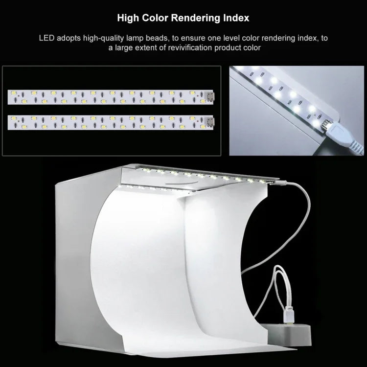 PULUZ 20 سم تشمل 2 لوحات LED قابلة للطي، مجموعة إضاءة محمولة 1100 لومن لاستوديو التصوير مع 6 خلفيات ملونة (أسود، أبيض، أصفر، أحمر، أخضر، أزرق)، الحجم عند الفتح: 24 سم × 23 سم × 23 سم، 20 سم (2 LED/RU)، 20 سم (2 LED)