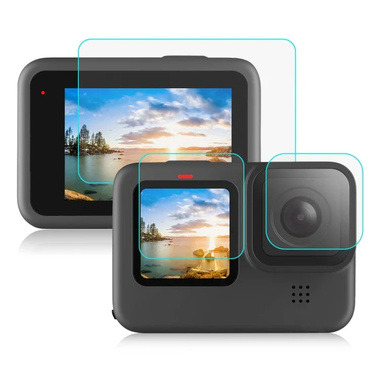فيلم زجاجي مقسى بدرجة صلابة 9H و 2.5D مع عدسة وشاشة LCD من PULUZ لكاميرات GoPro HERO12 Black / 11 Black / 10 Black / 9 Black، لكاميرا GoPro HERO9 Black