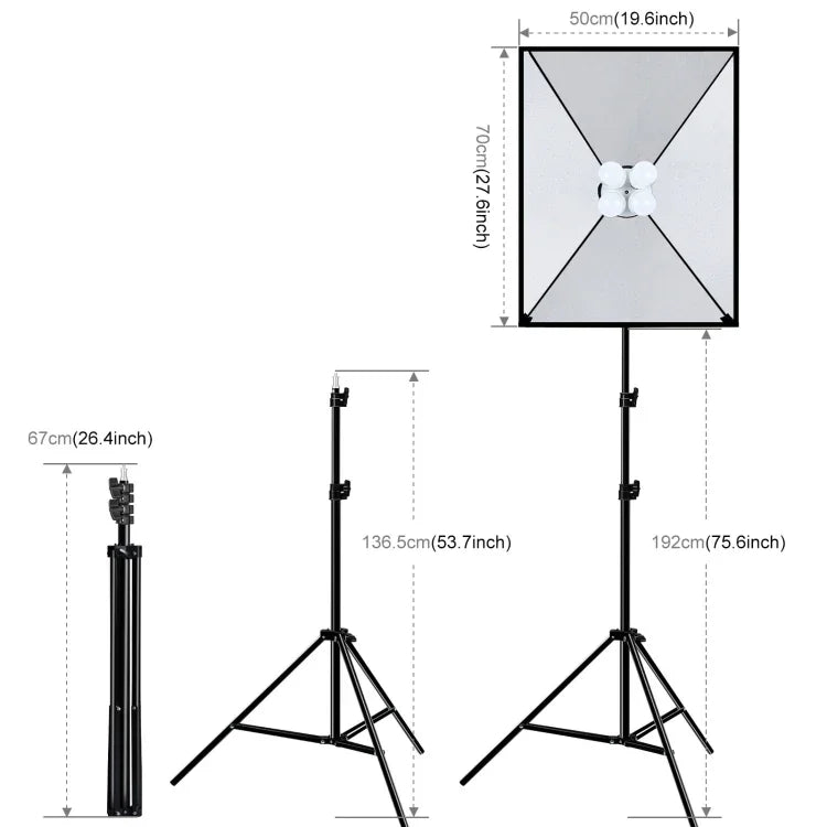 بولوز صندوق إضاءة ناعم استوديو 50x70 سم + حامل ثلاثي القوائم 2 متر + 4 لمبات LED بيضاء 20 واط 5700 كلفن E27 220 فولت، 4 لمبات قابس الاتحاد الأوروبي، 4 لمبات قابس الولايات المتحدة