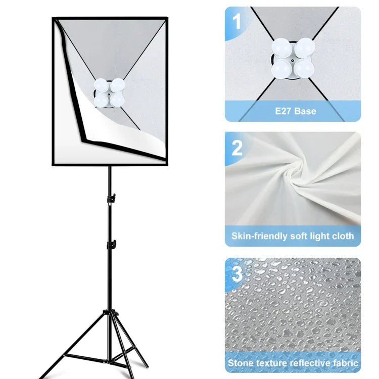 بولوز صندوق إضاءة ناعم استوديو 50x70 سم + حامل ثلاثي القوائم 2 متر + 4 لمبات LED بيضاء 20 واط 5700 كلفن E27 220 فولت، 4 لمبات قابس الاتحاد الأوروبي، 4 لمبات قابس الولايات المتحدة