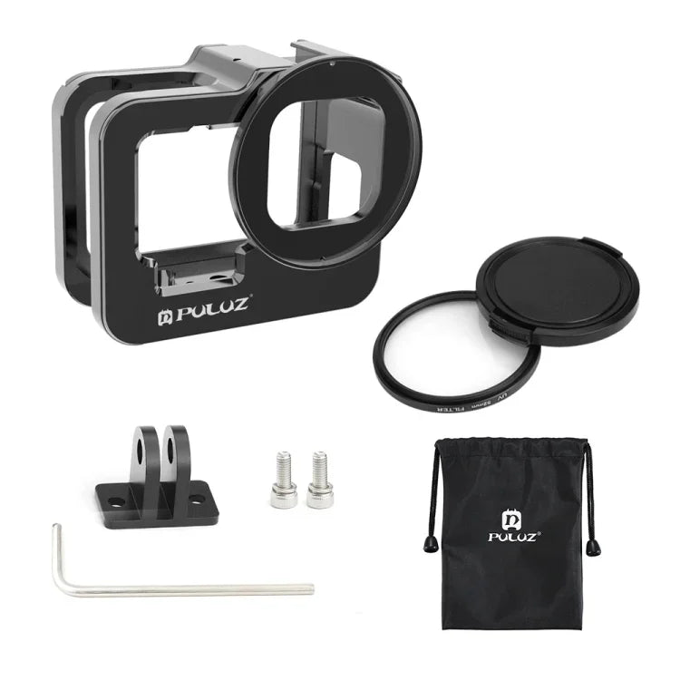 غطاء حماية سميك من الألمنيوم CNC PULUZ لكاميرا GoPro HERO13 Black /12 Black /11 Black /10 Black /9 Black مع إطار تأمين وعدسة UV 52 مم، للنسخة السميكة من GoPro HERO9 Black