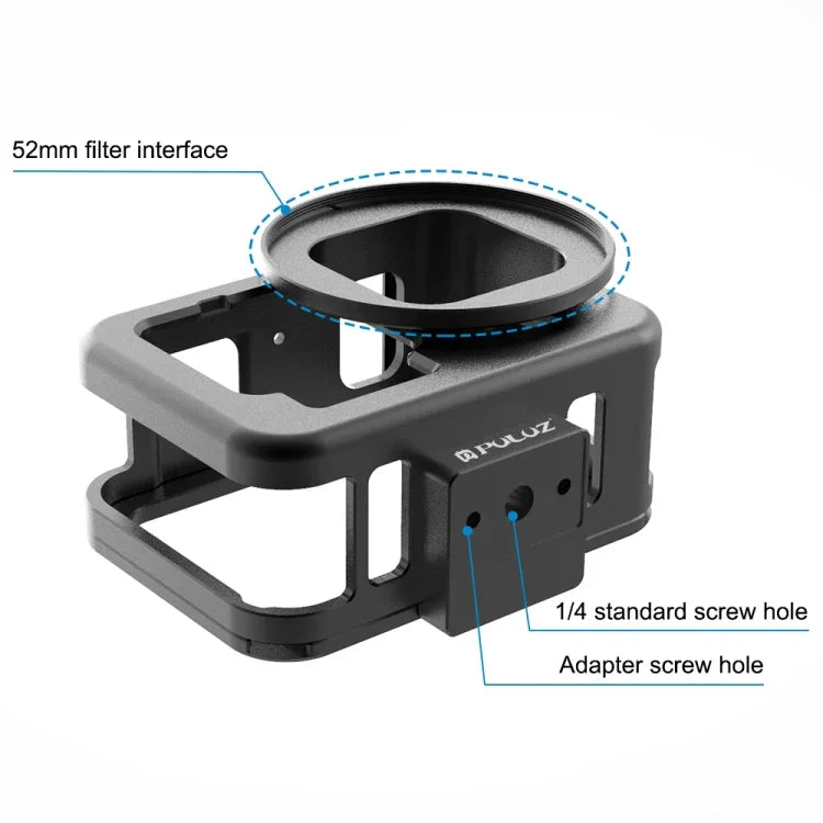 غطاء حماية رقيق من الألمنيوم CNC PULUZ لكاميرا GoPro HERO13 Black /12 Black /11 Black /10 Black /9 Black مع إطار تأمين وعدسة UV 52 مم، للنسخة الرقيقة من GoPro HERO9 Black