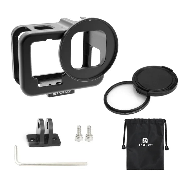 غطاء حماية رقيق من الألمنيوم CNC PULUZ لكاميرا GoPro HERO13 Black /12 Black /11 Black /10 Black /9 Black مع إطار تأمين وعدسة UV 52 مم، للنسخة الرقيقة من GoPro HERO9 Black