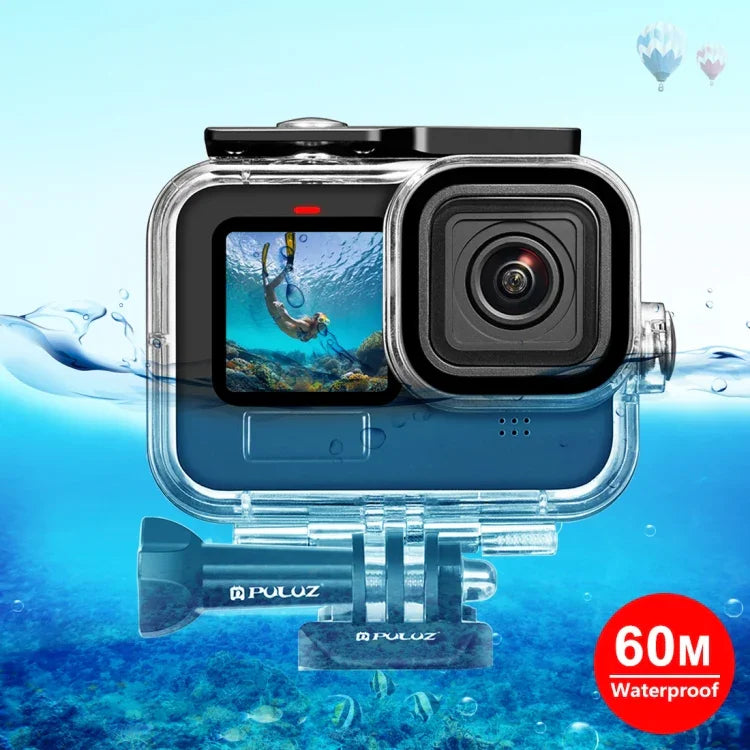 غطاء حماية مقاوم للماء بعمق 60 متر من PULUZ مع مشبك وقاعدة تثبيت أساسية وبرغي لكاميرا GoPro HERO13 Black /12 Black /11 Black /10 Black /9 Black، لكاميرا GoPro HERO9 Black