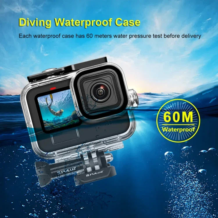 غطاء حماية مقاوم للماء بعمق 60 متر من PULUZ مع مشبك وقاعدة تثبيت أساسية وبرغي لكاميرا GoPro HERO13 Black /12 Black /11 Black /10 Black /9 Black، لكاميرا GoPro HERO9 Black