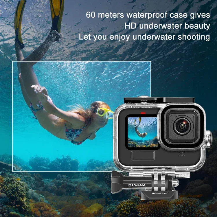 غطاء حماية مقاوم للماء بعمق 60 متر من PULUZ مع مشبك وقاعدة تثبيت أساسية وبرغي لكاميرا GoPro HERO13 Black /12 Black /11 Black /10 Black /9 Black، لكاميرا GoPro HERO9 Black