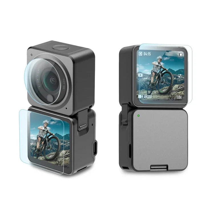 فيلم زجاجي مقسى 9H 2.5D ثلاثي الوظائف (عدسة + شاشة LCD أمامية وخلفية) لكاميرا DJI Action 2 من PULUZ، فيلم شاشة العدسة