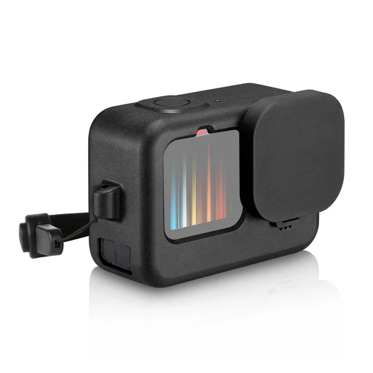 غطاء حماية سيليكون لكاميرا GoPro HERO12 Black /11 Black /10 Black /9 Black من PULUZ + غطاء واجهة جانبي من POM مع حزام معصم وغطاء عدسة، غطاء سيليكون لكاميرا GoPro HERO12 Black + غطاء جانبي