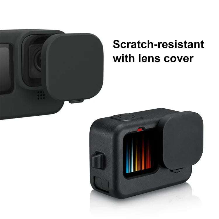 غطاء حماية سيليكون لكاميرا GoPro HERO12 Black /11 Black /10 Black /9 Black من PULUZ + غطاء واجهة جانبي من POM مع حزام معصم وغطاء عدسة، غطاء سيليكون لكاميرا GoPro HERO12 Black + غطاء جانبي