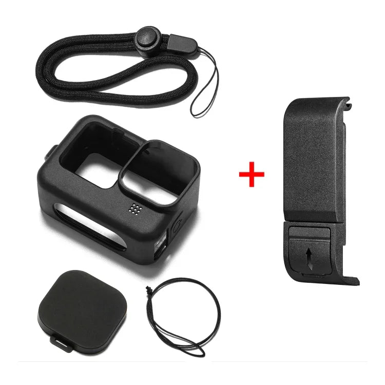 غطاء حماية سيليكون لكاميرا GoPro HERO12 Black /11 Black /10 Black /9 Black من PULUZ + غطاء واجهة جانبي من POM مع حزام معصم وغطاء عدسة، غطاء سيليكون لكاميرا GoPro HERO12 Black + غطاء جانبي