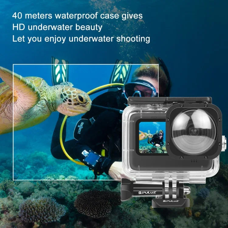 PULUZ غطاء حماية مقاوم للماء بعمق 40 متر مع مشبك وقاعدة تثبيت أساسية وبرغي لكاميرا GoPro HERO12 Black /11 Black /11 Black Mini /10 Black /9 Black مع عدسة مود ماكس، لكاميرا GoPro Hero11 Black / HERO10 Black