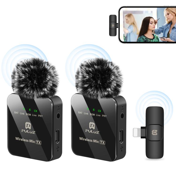 ميكروفون لافالير لاسلكي PULUZ لهواتف iPhone / iPad، مستقبل 8 دبابيس وميكروفونات مزدوجة، 8 دبابيس 2 إرسال + 1 استقبال