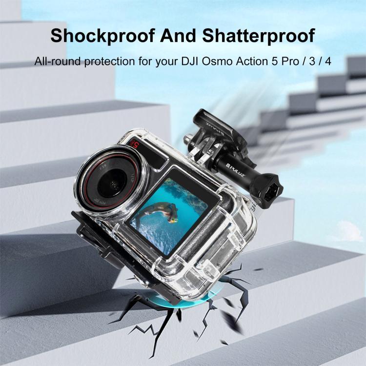 غطاء غوص مقاوم للماء بعمق 60 متر من PULUZ لكاميرا DJI Osmo Action 5 Pro / 3 / 4 مع حذاء بارد ومشبك وقاعدة تثبيت أساسية ومسمار، غطاء مقاوم للماء لكاميرا DJI Osmo Action 3 / 4