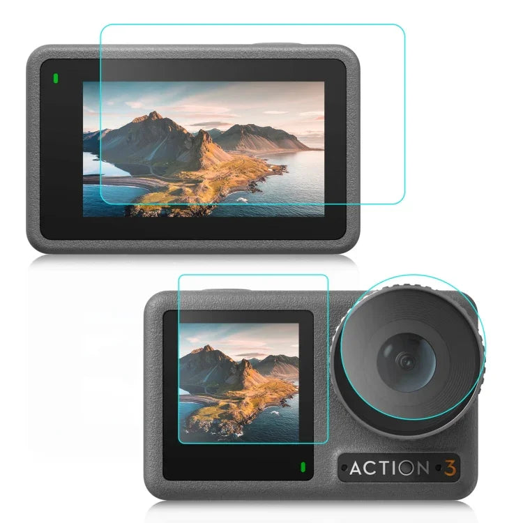 لـ DJI Osmo Action 3 فيلم زجاجي مقسى مقاوم للانفجار للعدسة الأمامية والخلفية 3 في 1 من PULUZ، لـ DJI Osmo Action 3
