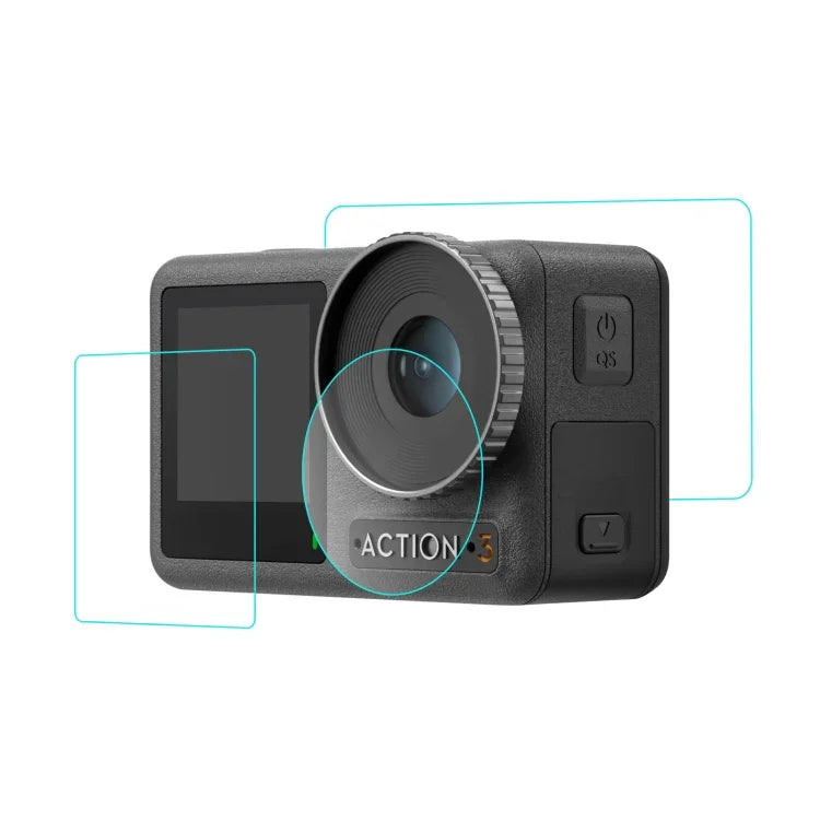 لـ DJI Osmo Action 3 فيلم زجاجي مقسى مقاوم للانفجار للعدسة الأمامية والخلفية 3 في 1 من PULUZ، لـ DJI Osmo Action 3