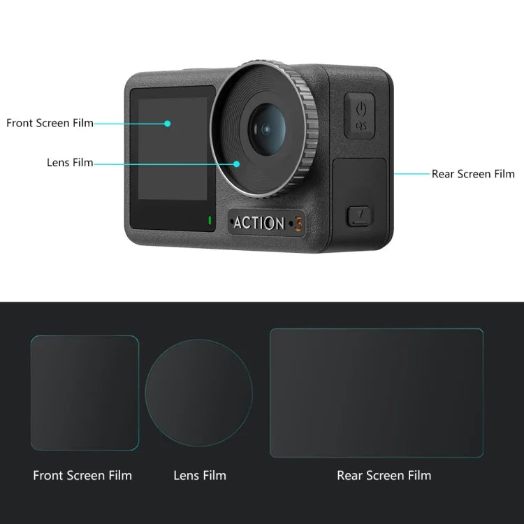 لـ DJI Osmo Action 3 فيلم زجاجي مقسى مقاوم للانفجار للعدسة الأمامية والخلفية 3 في 1 من PULUZ، لـ DJI Osmo Action 3