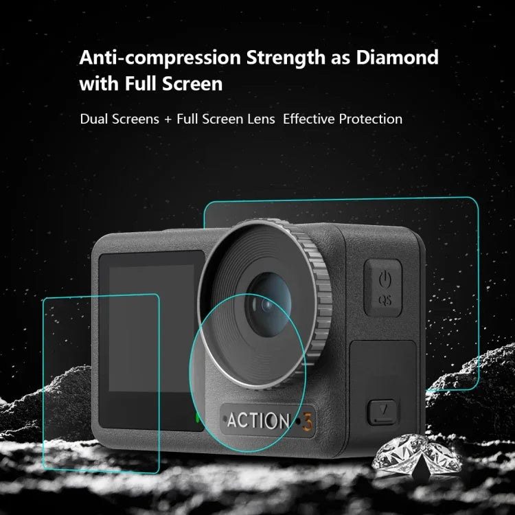لـ DJI Osmo Action 3 فيلم زجاجي مقسى مقاوم للانفجار للعدسة الأمامية والخلفية 3 في 1 من PULUZ، لـ DJI Osmo Action 3