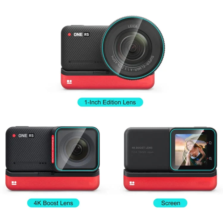 فيلم زجاجي مقسى 3 في 1 شاشة + عدسة 4K + عدسة لايكا لـ Insta360 One RS PULUZ، لـ Insta360 One RS