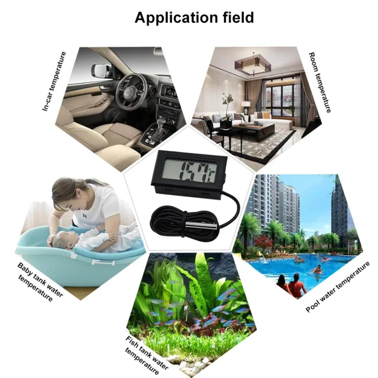 مقياس حرارة رقمي صغير بشاشة LCD للثلاجة والفريزر، حجم الإدخال 46 مم × 26.6 مم، طول الكابل 1 متر، PT-2
