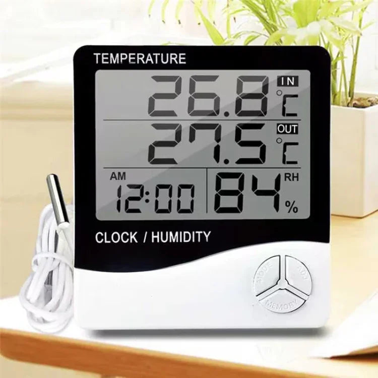 مقياس حرارة ورطوبة إلكتروني رقمي بشاشة LCD داخلي وخارجي مع منبه، THC-03A