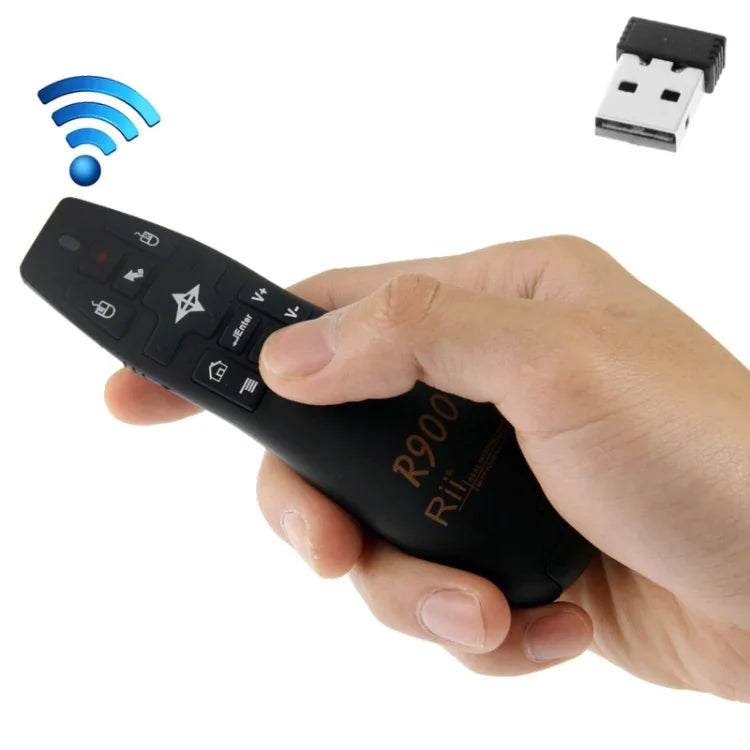 جهاز تحكم لاسلكي 2.4 جيجاهرتز مع مؤشر ليزر وجهاز تحكم جوي Fly Mouse Rii Professional Air Mouse R900 لأجهزة HTPC / صندوق تلفاز أندرويد / PS3 / XBOX360 / جهاز لوحي (K14 R900)، K14 R900