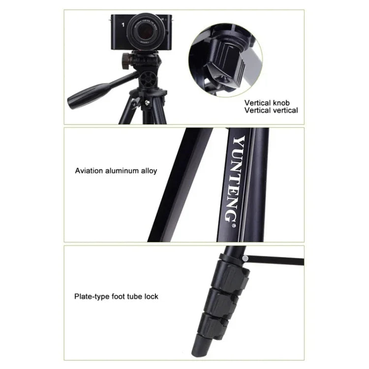 حامل ثلاثي القوائم YUNTENG VCT-681 بطول 138 سم لكاميرات SLR / Micro-SLR / الرقمية، أرجل من الألمنيوم قابلة للطي بأربعة أقسام، مناسب لكاميرات كانون / نيكون / باناسونيك / بنتاكس / كاسيو / سوني / فوجي (سعة التحميل: 3 كجم)