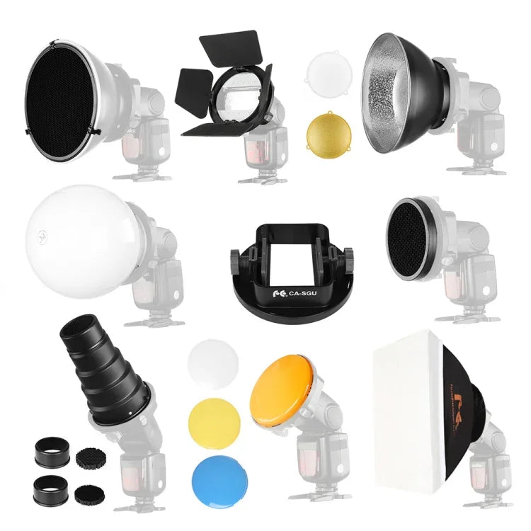 طقم ملحقات فلاش Falcon Eyes SG-100، حامل محول عالمي / باب مزلاج / سنوت / قرص عسل / عاكس قياسي / قرص عسل للعاكس الناعم / كرة موزع / جل ملون / صندوق إضاءة ناعم