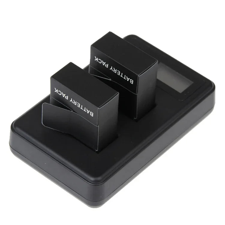شاحن بطاريتين بشاشة LCD موديل GP158-B لكاميرات GoPro HERO3+ /3 (AHDBT-301, AHDBT-302)، يعرض سعة الشحن، لكاميرات GoPro HERO3+ /3