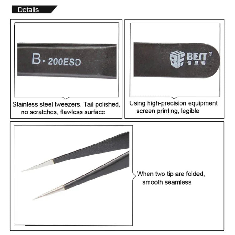 أفضل ملقط BST-200ESD من الفولاذ المقاوم للصدأ 202 مضاد للكهرباء الساكنة، BST-200ESD