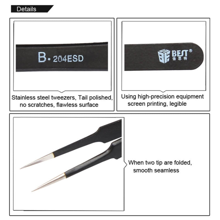 أفضل ملقط BST-204ESD 202 من الفولاذ المقاوم للصدأ برأس مضاد للكهرباء الساكنة، BST-204ESD