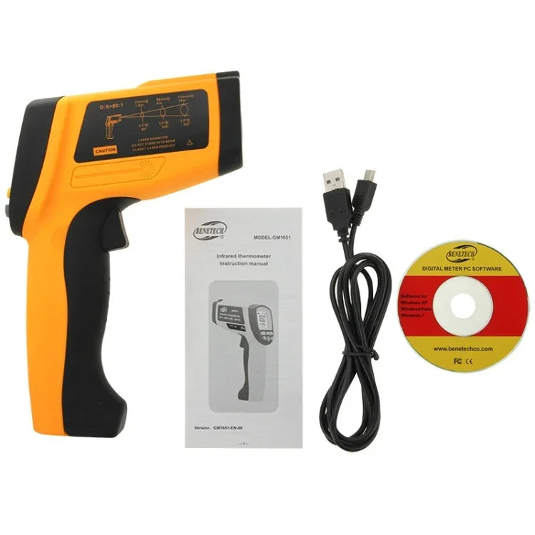 مسدس حرارة رقمي USB بشاشة عرض BENETECH GM1651، مقياس حرارة بالأشعة تحت الحمراء محمول باليد، نطاق القياس: -30 إلى 1650 درجة مئوية، GM1651