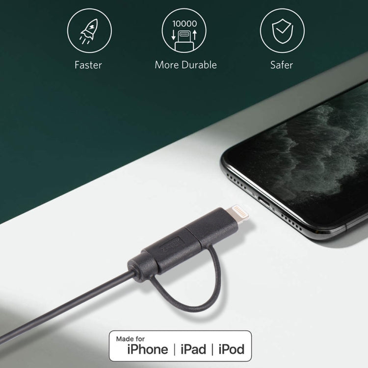 كابل شحن ومزامنة بيانات بطول 1 متر MFI 2 في 1 بمنفذ 8 بن + Micro USB 2.0 ذكر إلى USB