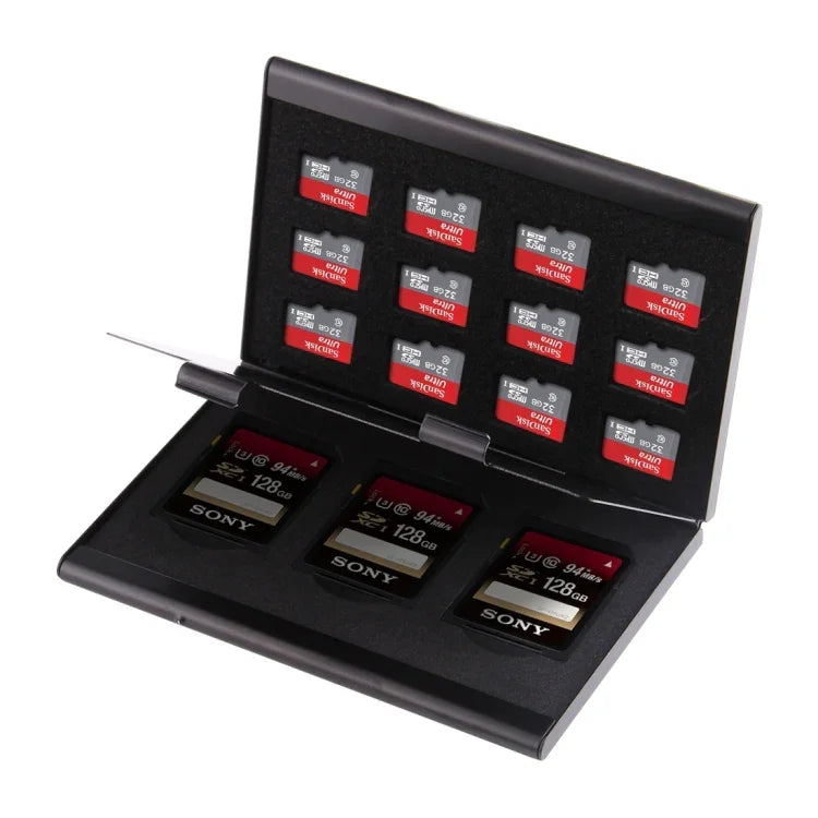 15 in 1 Memory Card Aluminum Alloy Protective Case Box for 3 SD + 12 TF Cards, 3 SD + 12 TF Black