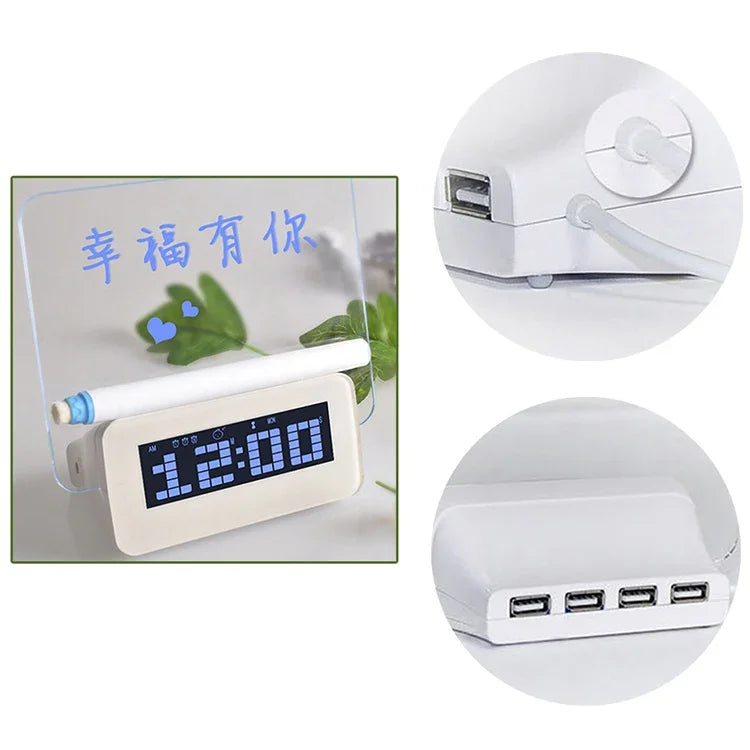 ساعة منبه رقمية متعددة الوظائف بشاشة LCD + مركز USB بأربعة منافذ + لوحة رسائل بإضاءة خلفية LCD زرقاء أو خضراء، لوحة رسائل USB