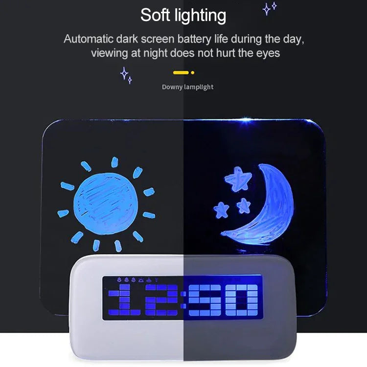 ساعة منبه رقمية متعددة الوظائف بشاشة LCD + مركز USB بأربعة منافذ + لوحة رسائل بإضاءة خلفية LCD زرقاء أو خضراء، لوحة رسائل USB