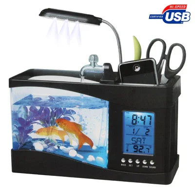 حوض سمك مكتبي صغير USB مع ماء جاري و6 أضواء LED، شاشة LCD للساعة مع تقويم، وقت ومنبه (يتسع لـ 1.5 كوارت من الماء)