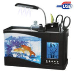 حوض سمك مكتبي صغير USB مع ماء جاري و6 أضواء LED، شاشة LCD للساعة مع تقويم، وقت ومنبه (يتسع لـ 1.5 كوارت من الماء)
