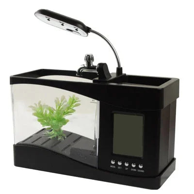 حوض سمك مكتبي صغير USB مع ماء جاري و6 أضواء LED، شاشة LCD للساعة مع تقويم، وقت ومنبه (يتسع لـ 1.5 كوارت من الماء)