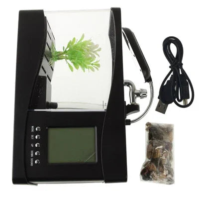 حوض سمك مكتبي صغير USB مع ماء جاري و6 أضواء LED، شاشة LCD للساعة مع تقويم، وقت ومنبه (يتسع لـ 1.5 كوارت من الماء)