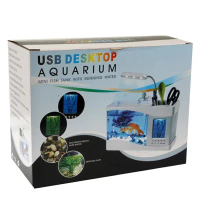 حوض سمك مكتبي صغير USB مع ماء جاري و6 أضواء LED، شاشة LCD للساعة مع تقويم، وقت ومنبه (يتسع لـ 1.5 كوارت من الماء)