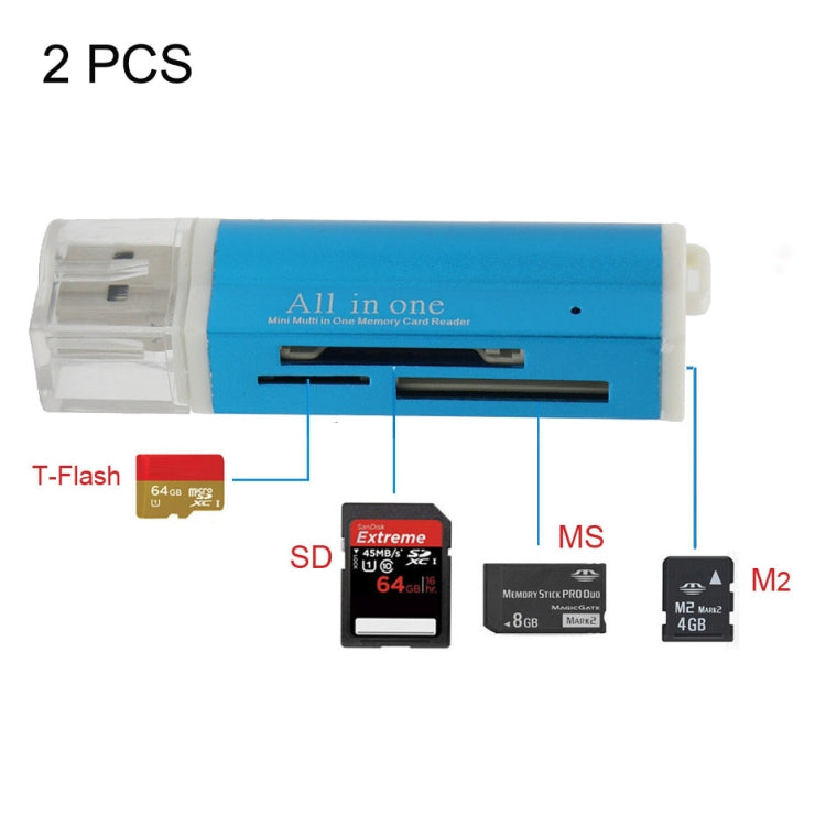 قارئ بطاقات ذاكرة متعدد الوظائف 2 قطع، USB 2.0، Micro SD، SDHC، TF، M2، MMC، MS PRO DUO