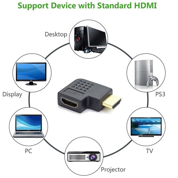 محول HDMI 19 دبوس ذكر إلى HDMI 19 دبوس أنثى مطلي بالذهب بزاوية 90 درجة، HDMI أنثى إلى ذكر