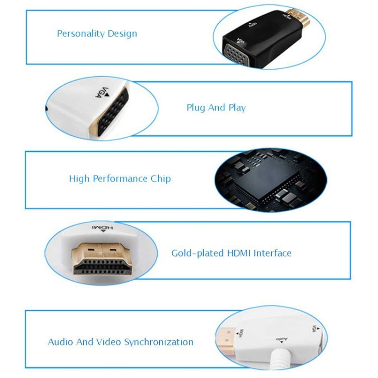 محول HDMI إلى VGA وصوت بدقة Full HD 1080P للتلفاز عالي الدقة / الشاشة / جهاز العرض، HDMI ذكر إلى VGA + صوت (أسود)، HDMI ذكر إلى VGA + صوت (أبيض)