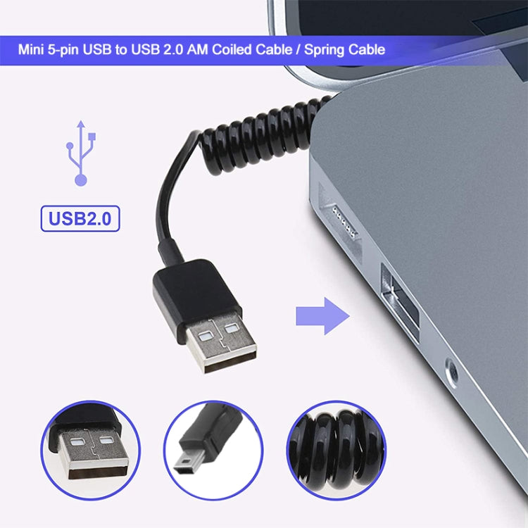كابل USB صغير 5 دبابيس إلى USB 2.0 AM ملفوف / كابل نابض، الطول: 25 سم (يمكن تمديده حتى 80 سم)، USB صغير إلى USB AM، الطول: 80 سم